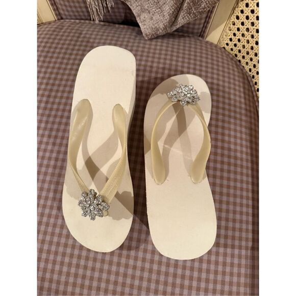 White Wedge Flip Flops with Rhinestone Embellishment - Picture 4 of 6